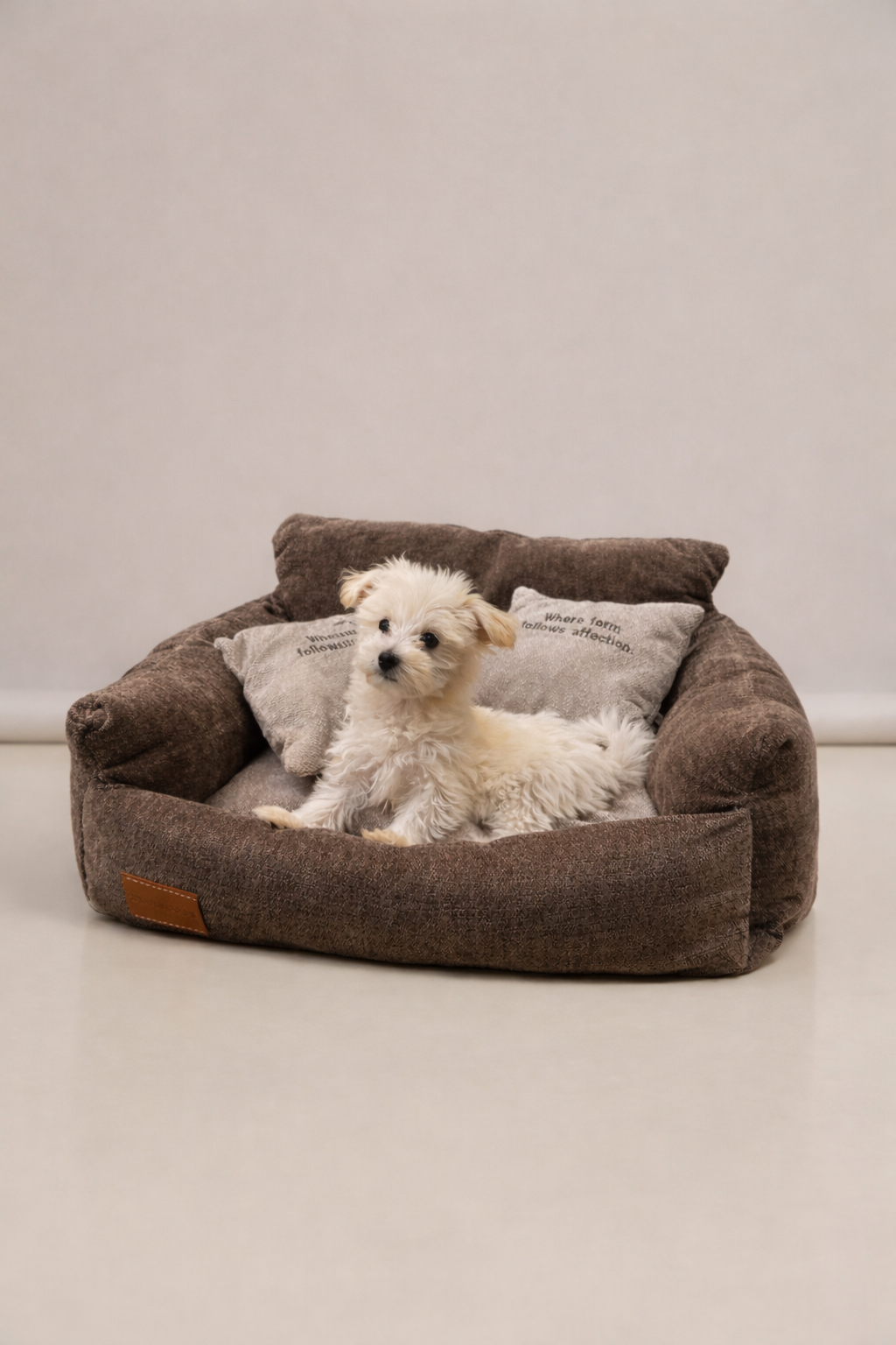 Cuccia per cane design moderno Cozy Armchair Marrone Pavora Pet con braccioli imbottiti e cuscini decorativi, stile elegante per ambienti contemporanei